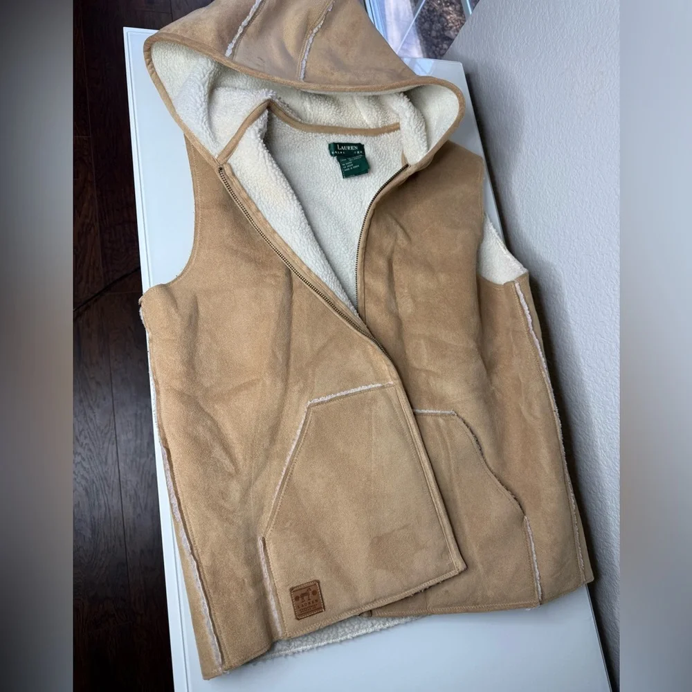 Ralph Lauren tan faux suede hooded sweater vest with pockets - Picture 1 of 6
